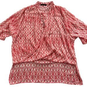 OoberSwank Top Womens Large Geometric Print Sheer High Low Sheer Draped Front